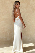 Satin Spaghetti Strap V-Neck Tie Front High Split Slip Maxi Gown
