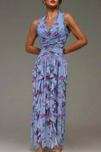 Floral Halter Neck Deep V-Neck Ruffle Trim Tiered Ruffle High Split Maxi Dress
