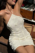 White Halter Neck Crochet 3D Rosette Applique Bodycon Mini Dress