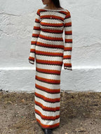 Striped Contrast Knitted Hollow Maxi Dress