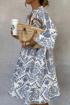 Block Print Mandarin Collar Bell Sleeve Tiered Babydoll Mini Dress