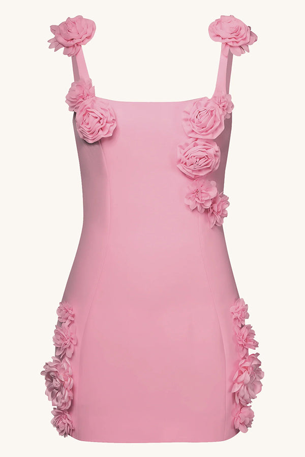3D Floral Applique Square Neck Spaghetti Strap Bodycon Mini Dress