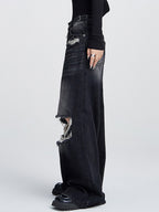 Loose high-waisted versatile straight leg Ripped Jeans