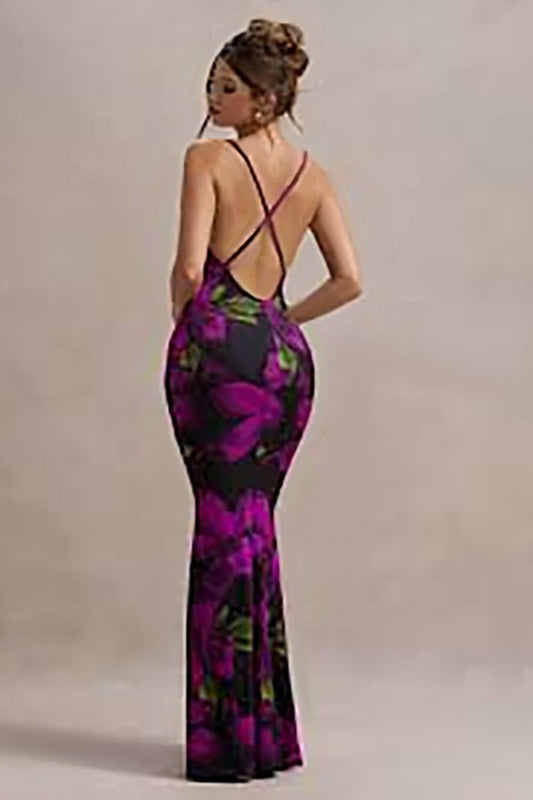 Floral Print Cowl Neck Spaghetti Strap Bodycon Midi Mini Dress