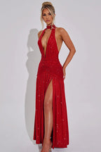 Glitter Halter Choker Deep V-Neck Ruched Waist High Split Maxi Dress