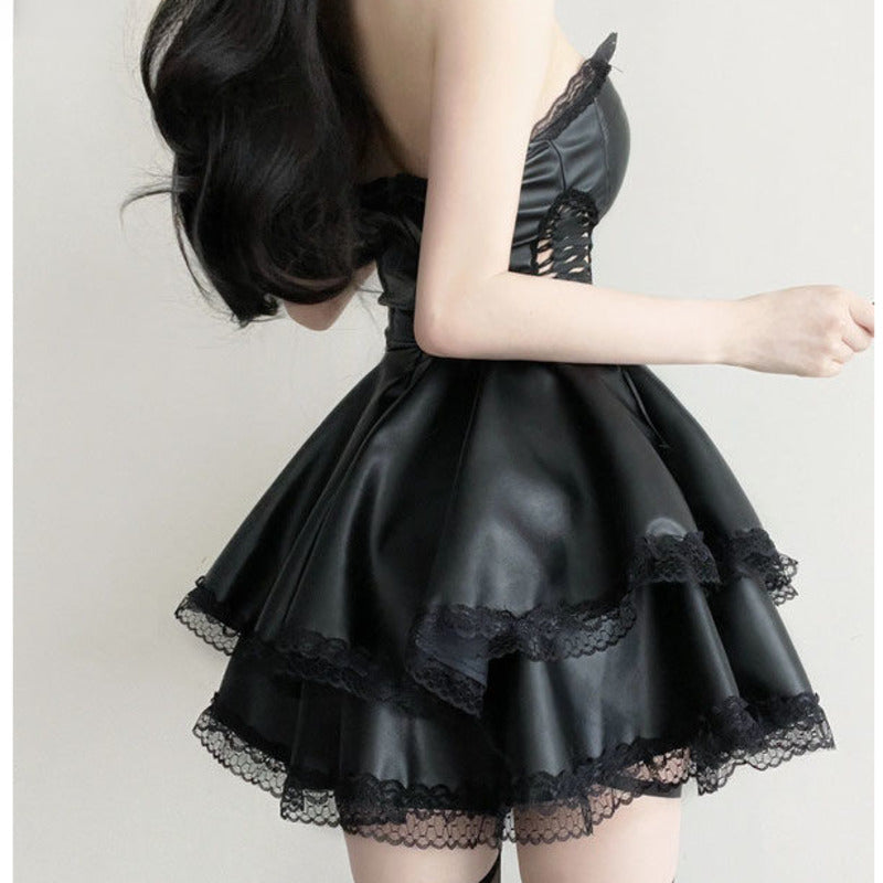 Off Shoulder Faux Leather Corset Lace Trumpet Sleeve Tiered Ruffle Mini Dress