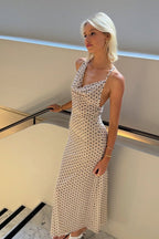 Polka Dot Spaghetti Strap Cowl Neck Ruched Bodycon Maxi Dress