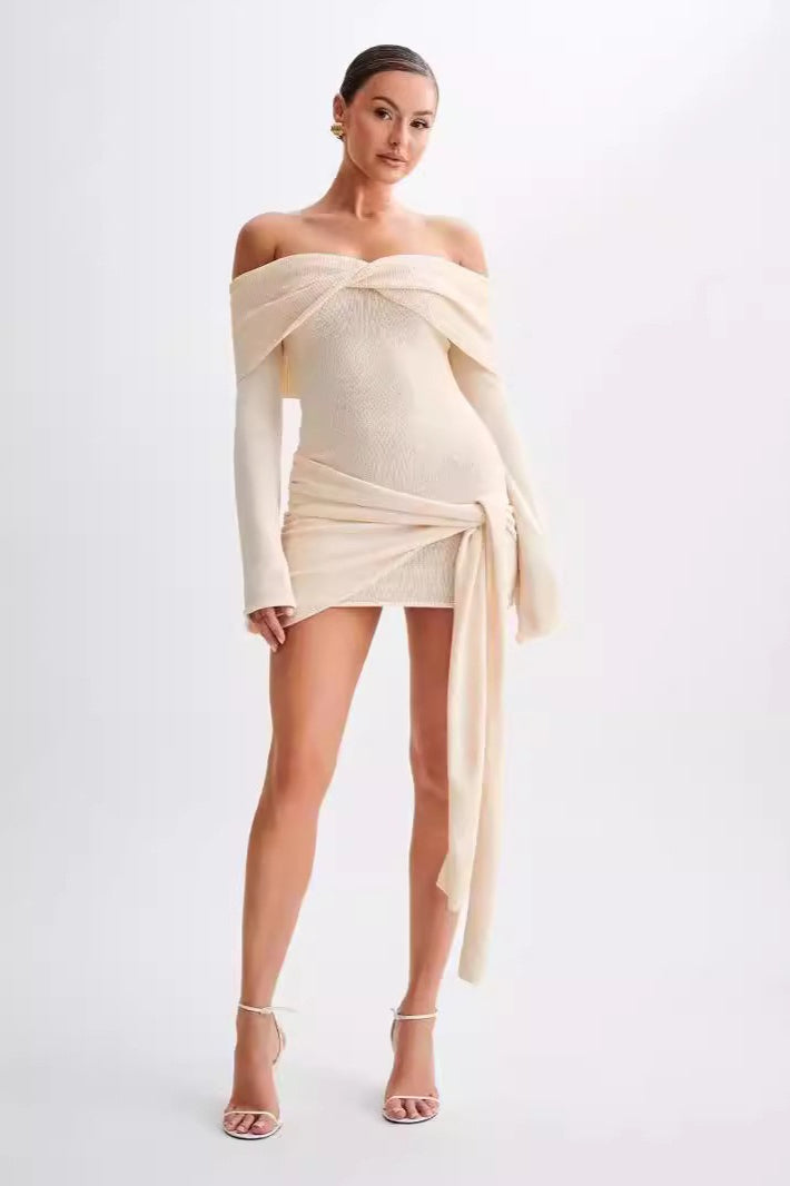 Off Shoulder Ribbed Knit Flared Sleeve Wrap Tie Mini Dress