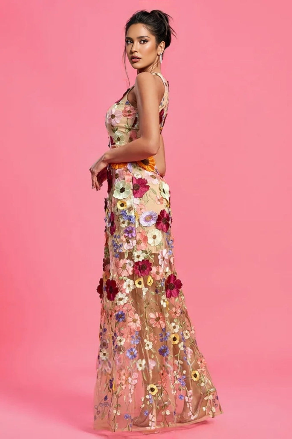 Hella Sleeveless Embroidery Flowers Maxi Dress