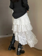 Fairycore Lace Tiered High Waist Asymmetric Ruffled Midi Skirt