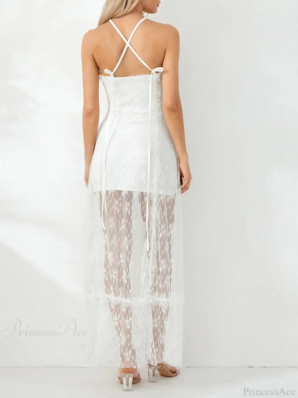 Fairycore Retro White Lace Backless Halter Tube Floral Dress