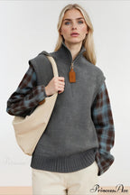 Fake Two Piece Plaid Contrast Half Zip Collared Sweater