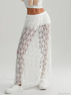 Fall Long Maxi Skirt Elastic Waist Lace Floral Casual Skirt