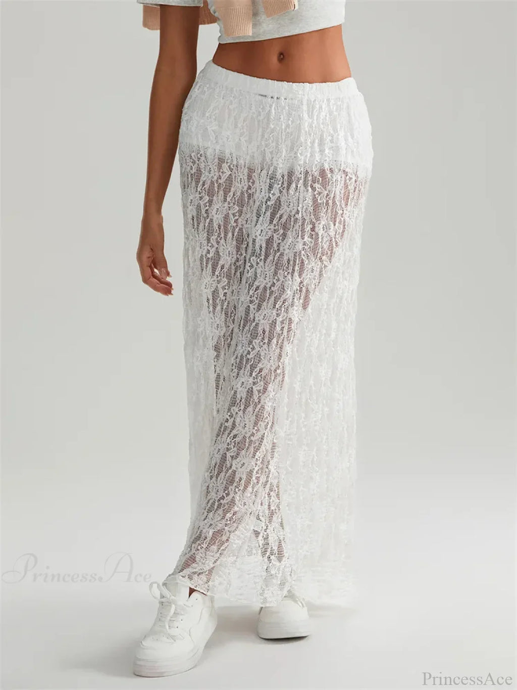 Fall Long Maxi Skirt Elastic Waist Lace Floral Casual Skirt