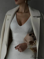 Fall Winter V-Neck Knitted Party Slit Long Sleeve Sweaters Midi Dress