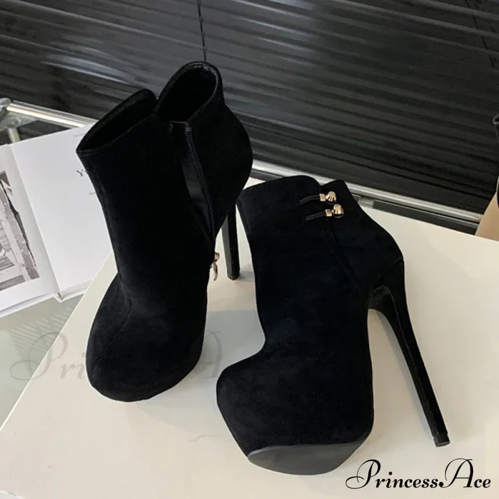 Fashion Chic Elasticity Buckle Strap Women Platform Boots Zip Round Toe Pole Dance High Heels Shoes Black