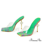 Fashion Chic High Heeled Slippers Ladies Square Toe Summer Sandals Transparent PVC Shoes Women Sliders