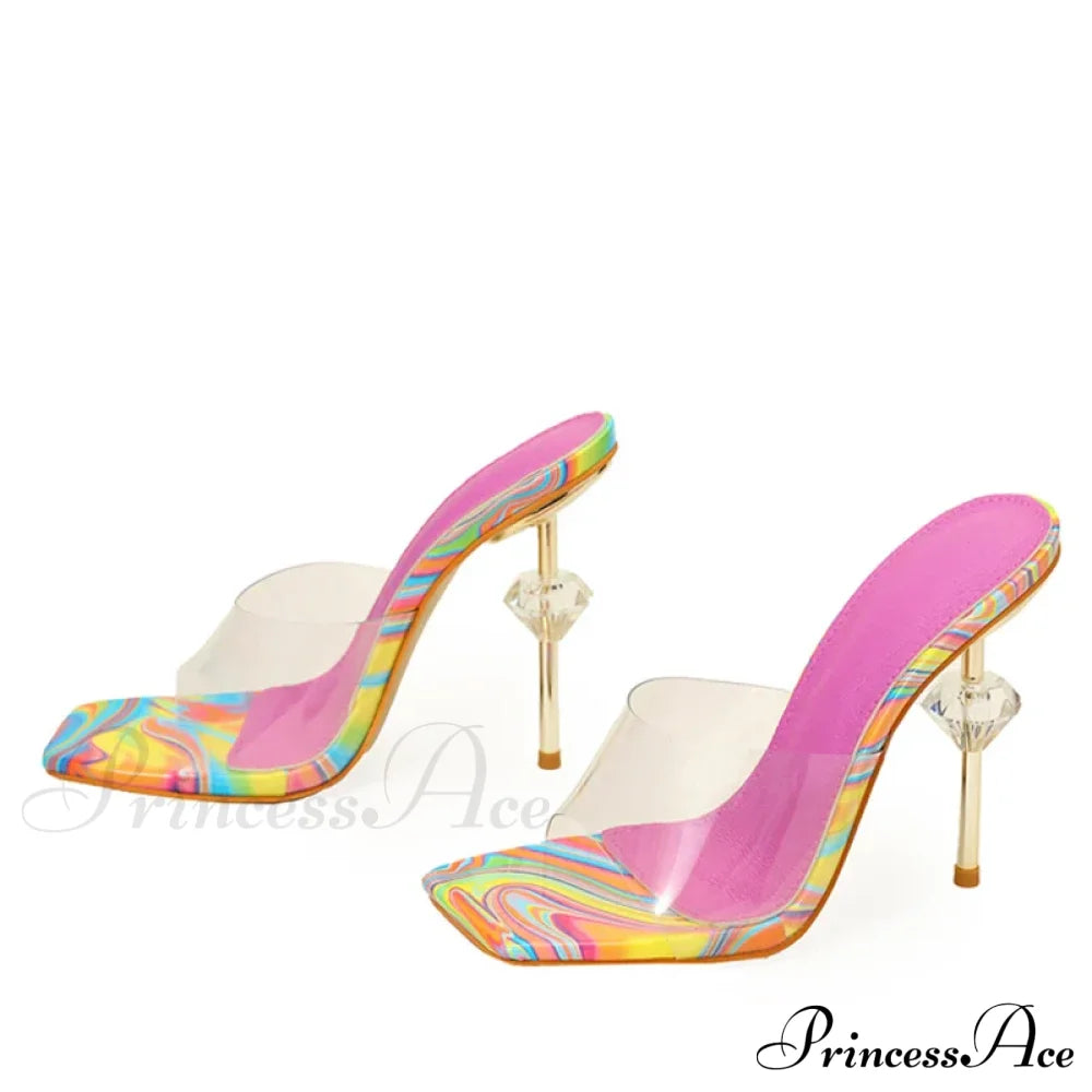 Fashion Chic High Heeled Slippers Ladies Square Toe Summer Sandals Transparent PVC Shoes Women Sliders