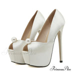 Fashion Design Pearl Peep Toe High Heels Wedding Banquet Shoe Silk Platform Pumps Women Mule