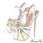 Fashion Design Pleated Leather Open Toe Extreme High Heels Stripper Pole Dance Shoes Summer Platform Sandals Women White