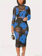 Fashion Floral Mesh Mid Length Sexy Party Dress