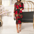 Fashion Floral Mesh Mid Length Sexy Party Dress