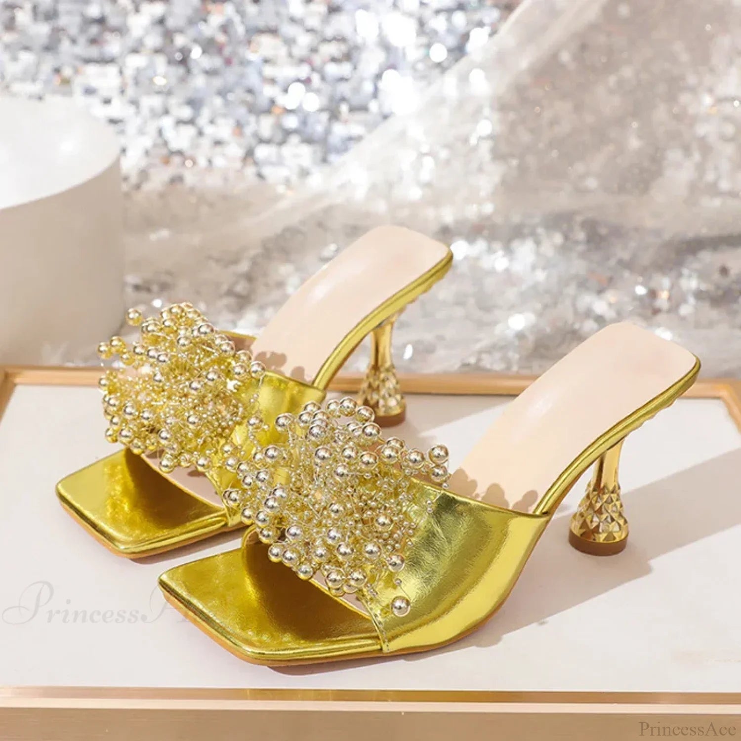 Fashion Pearl Leather Square Toe Mules Heels Beach Party Dress High Heel