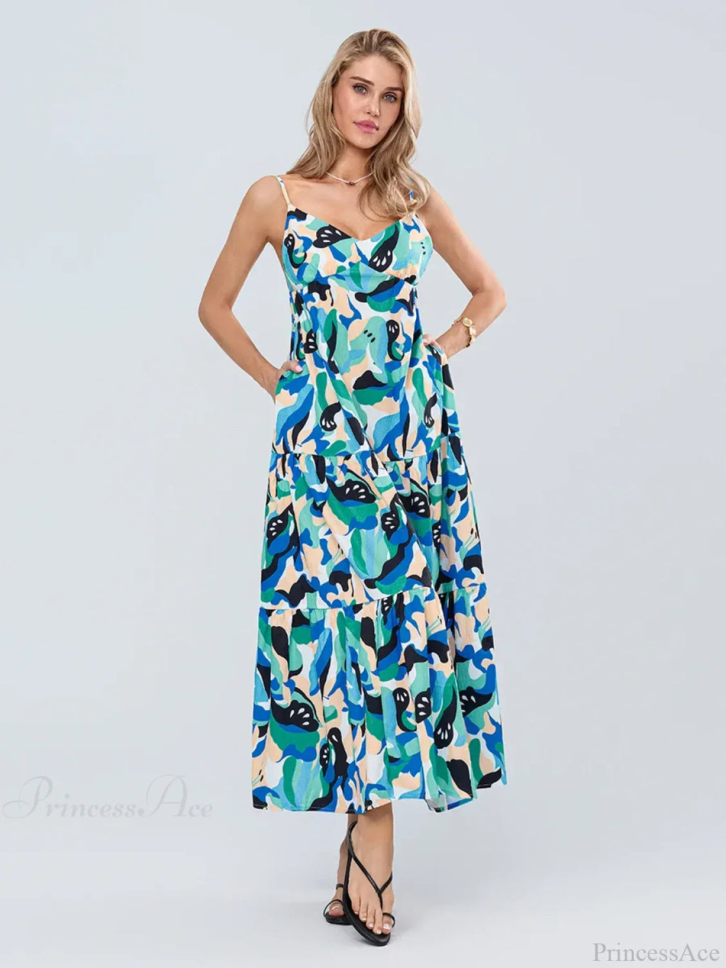 Fashion Print Spaghetti Strap Backless Sweetheart Flowy Cami Floral Dress