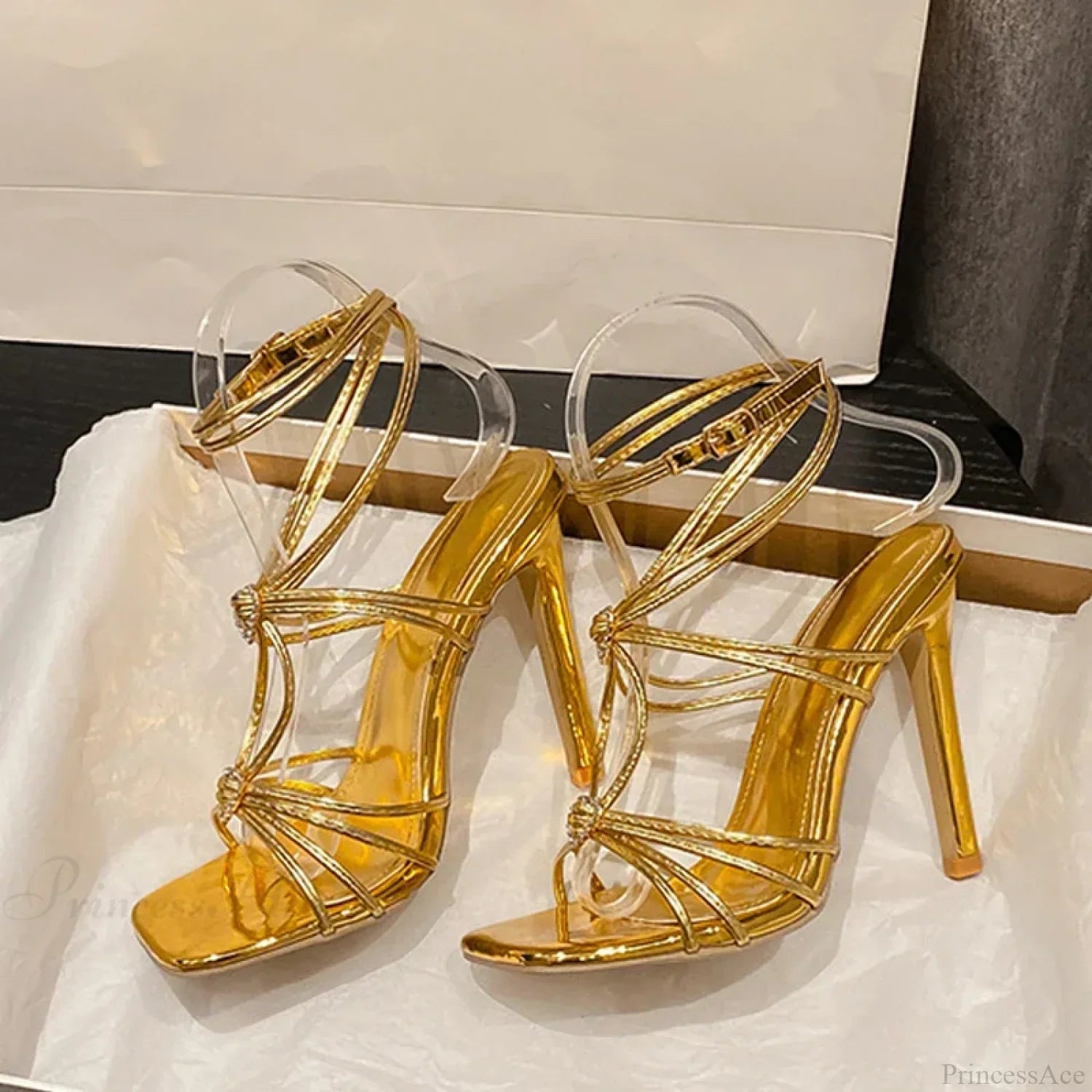 Fashion Rhinestone Buckle Narrow-Band Sandals Square-Toe Wedding Banquet High-Heels Thin Golden High Heel