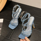 Fashion Rhinestone Buckle Narrow-Band Sandals Square-Toe Wedding Banquet High-Heels Thin Golden High Heel