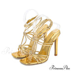 Fashion Rhinestone Buckle Narrow Band Sandals - Square Toe Wedding Banquet Shoes - Thin High Heels - Golden Sandalias