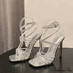 Fashion Rhinestone Buckle Narrow Band Sandals - Square Toe Wedding Banquet Shoes - Thin High Heels - Golden Sandalias