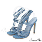 Fashion Rhinestone Buckle Narrow Band Sandals - Square Toe Wedding Banquet Shoes - Thin High Heels - Golden Sandalias