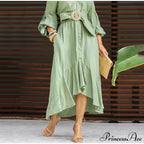 Fashion Ruffle Women's Shirt Casual V Neck Lantern Sleeve With Pocket Long Skirt Spring Lady Streetwear Midi Dress