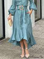 Fashion Ruffle Women's Shirt Casual V Neck Lantern Sleeve With Pocket Long Skirt Spring Lady Streetwear Midi Dress