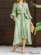 Fashion Ruffle Women's Shirt Casual V Neck Lantern Sleeve With Pocket Long Skirt Spring Lady Streetwear Midi Dress