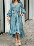 Fashion Ruffle Women's Shirt Casual V Neck Lantern Sleeve With Pocket Long Skirt Spring Lady Streetwear Midi Dress