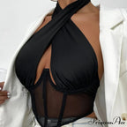 Fashion Sexy Hollow Tie-Up Halter Backless See-Through Mesh Stylish Elegant Trendy Crop Top