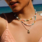Green Faux Baroque Pearl Enamel Beaded Choker Necklace