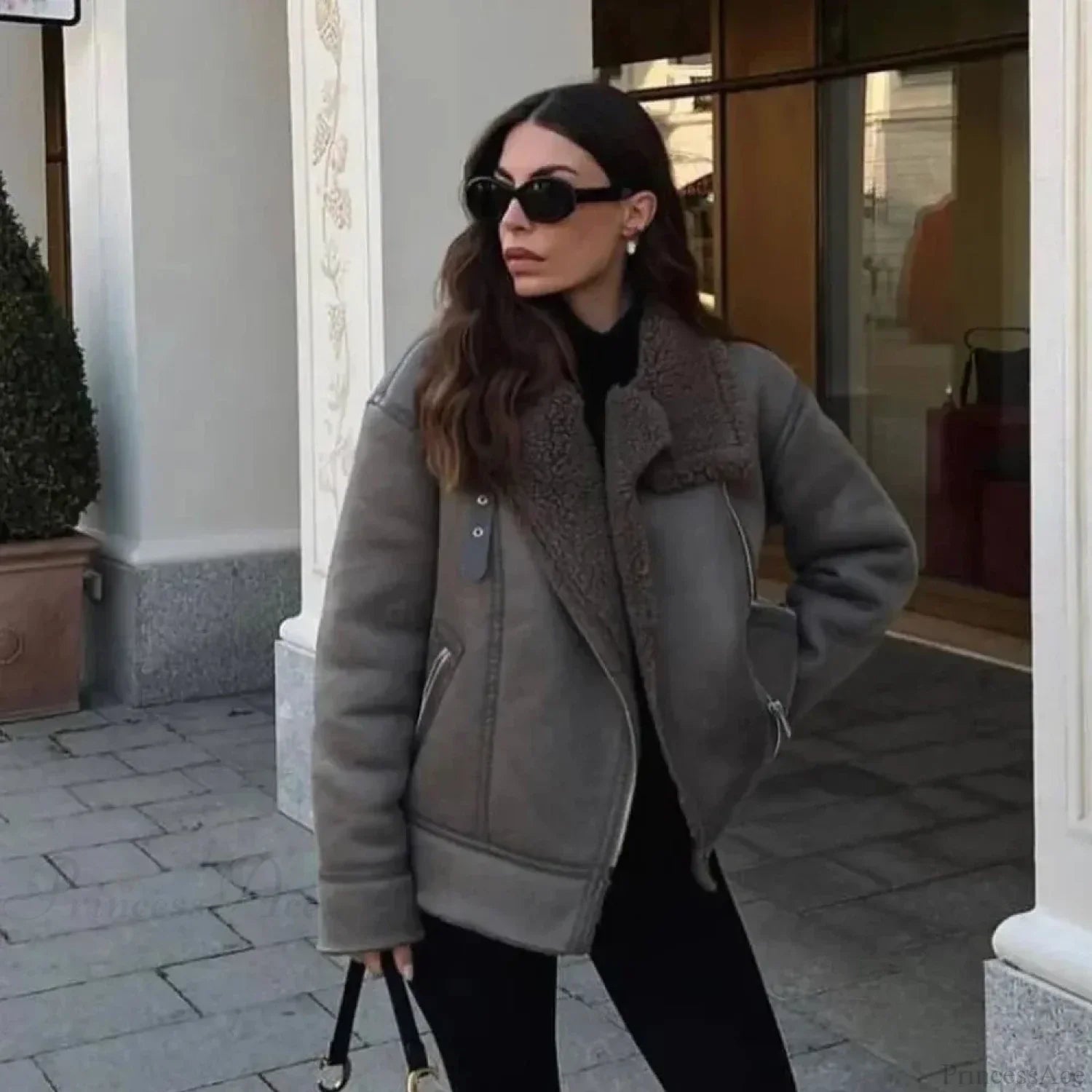 Faux Fur Lapel Long Sleeve Casual Overcoat