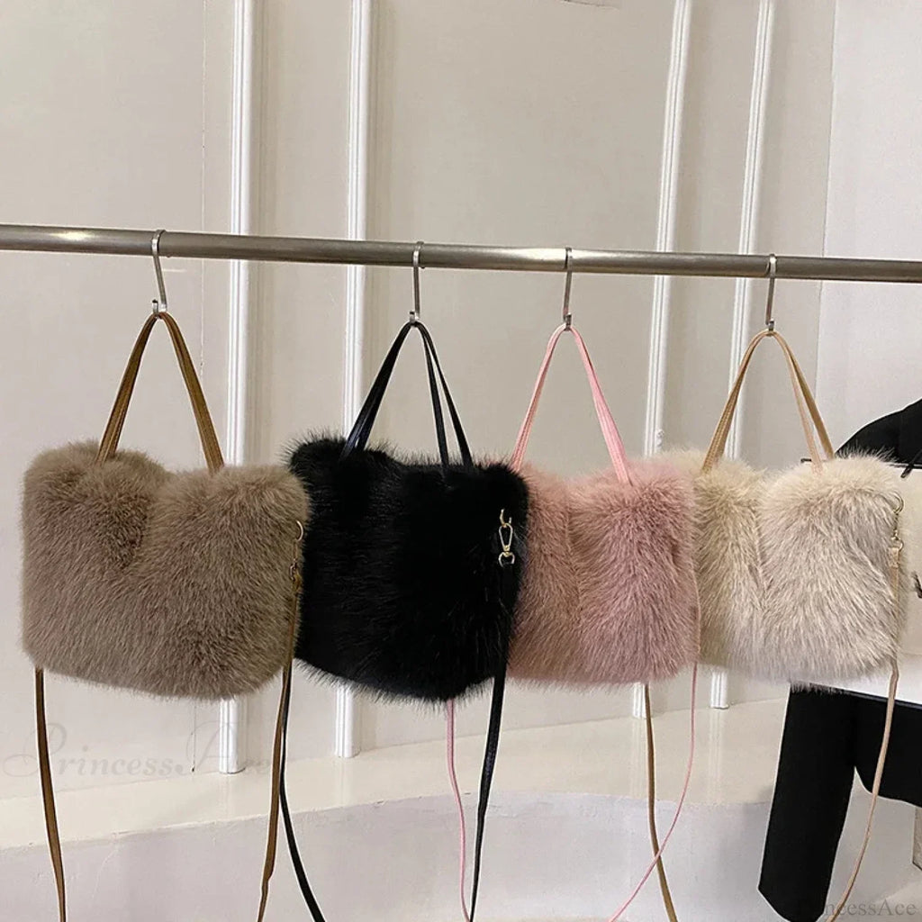 Faux Fur Plush Bucket Tote Winter Crossbody Shoulder Handbag