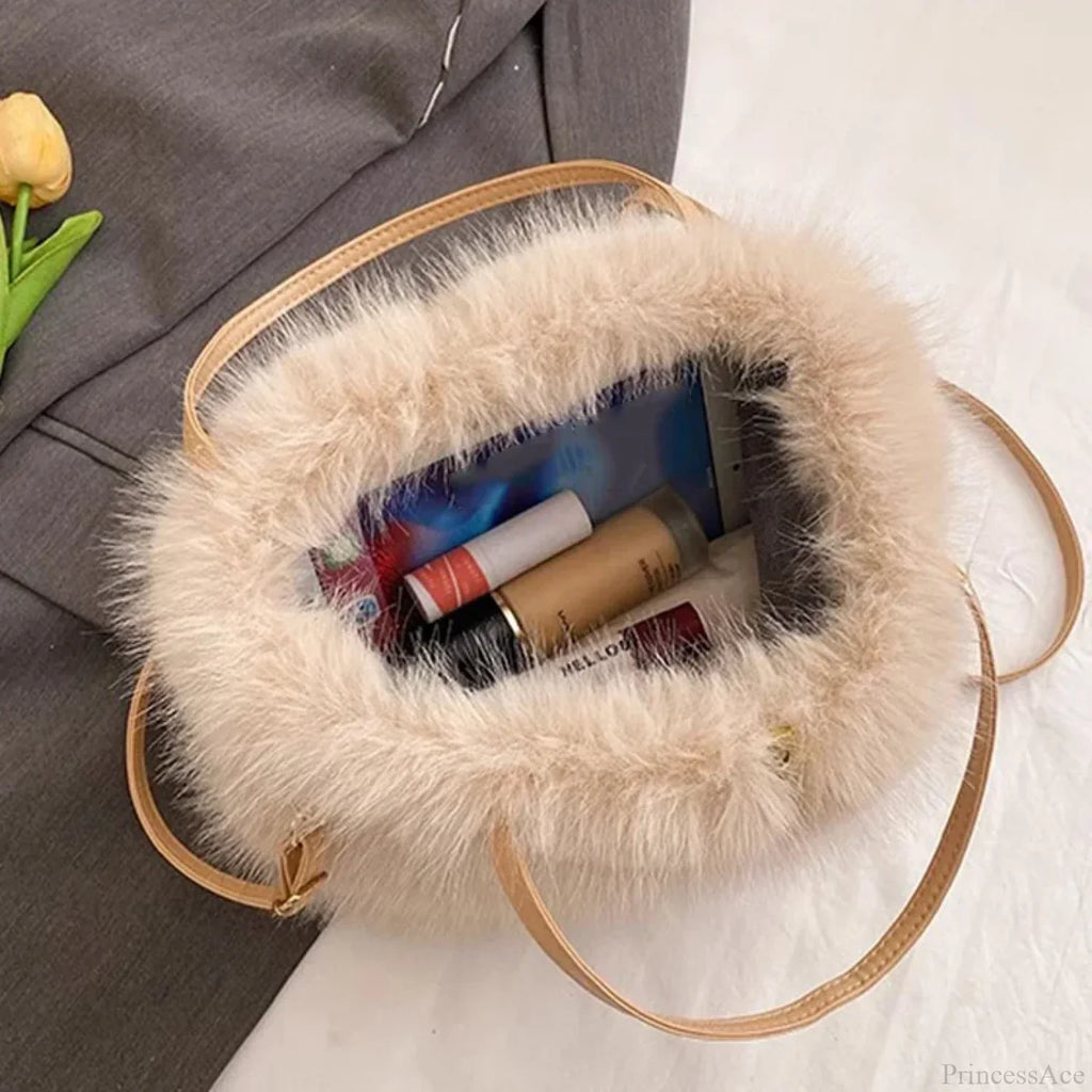 Faux Fur Plush Bucket Tote Winter Crossbody Shoulder Handbag