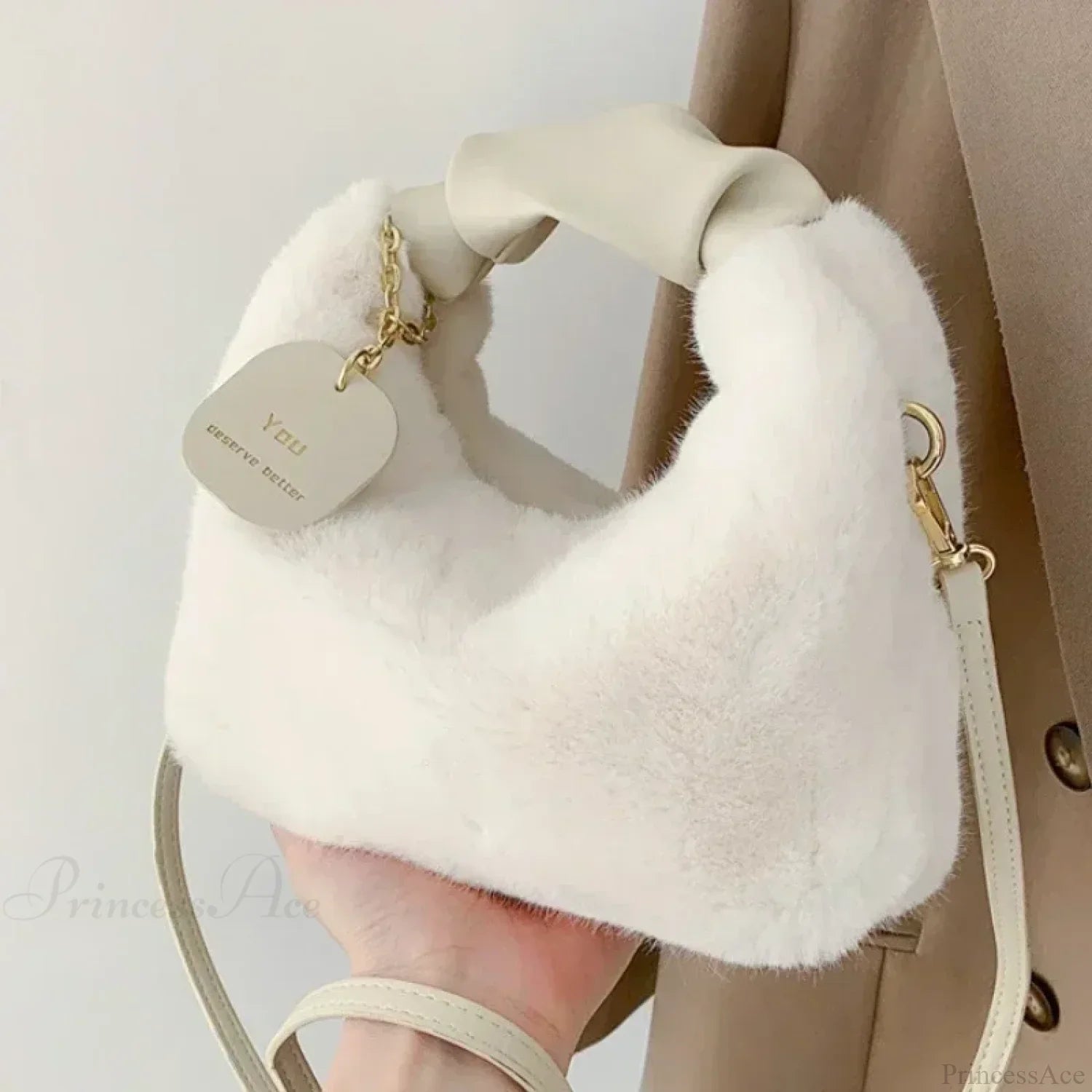 Faux Fur Plush Ruched Handle Crossbody Handbag