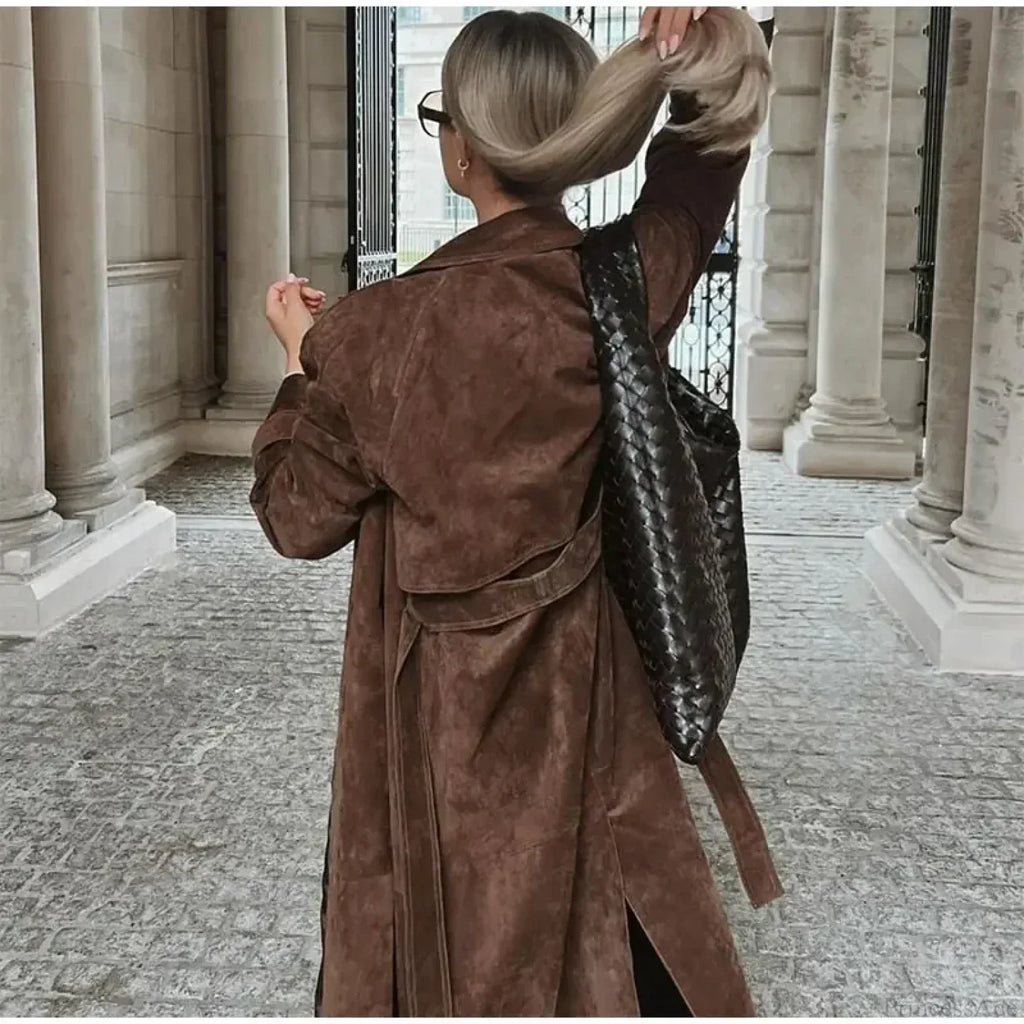 Faux Leather Lapel Double-Breasted Overcoat