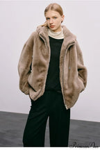Faux Mink Rabbit Fur One Hooded Thick Coat