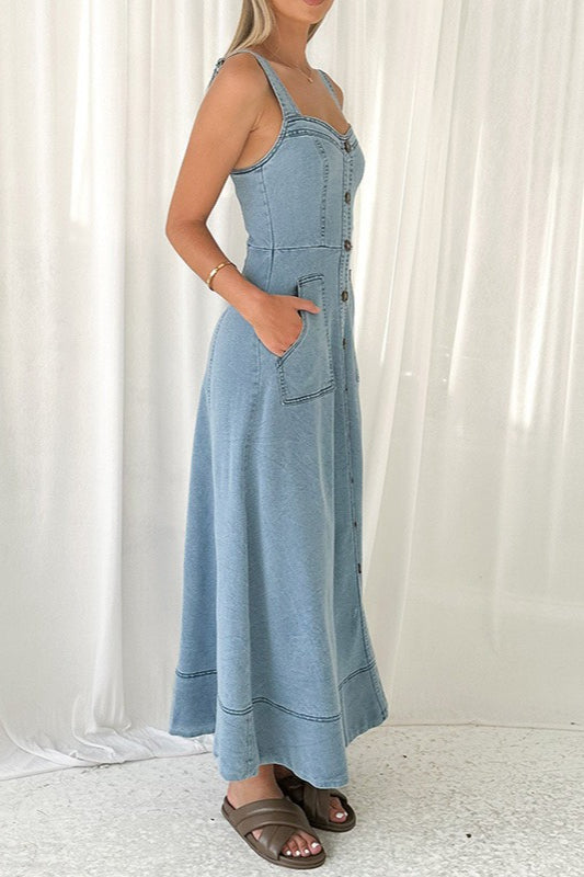 Denim Square Neck Button Front Patch Pocket A-Line Maxi Dress