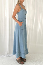 Denim Square Neck Button Front Patch Pocket A-Line Maxi Dress