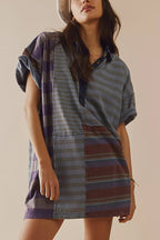 Denim Collar Striped Patchwork Polo Rugby Mini Dress
