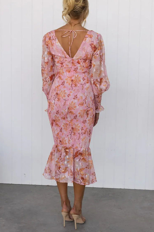 Deep V-Neck Smocked Floral Print Balloon Sleeve Ruffle Hem Mermaid Midi Dress