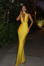 Satin Halter Deep V-Neck Choker Backless Ruched Mermaid Maxi Gown
